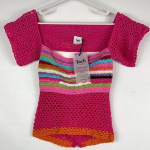 Tach Clothing Womens Donna Crochet Top Blouse Hand Knitted Square Neck L New